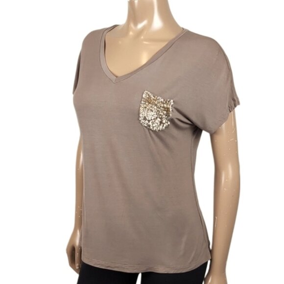 Bedo Femme Sequin Pocket Top Vneck Short Sleeve Dolman Tshirt Brown Gold Modal - Picture 1 of 9